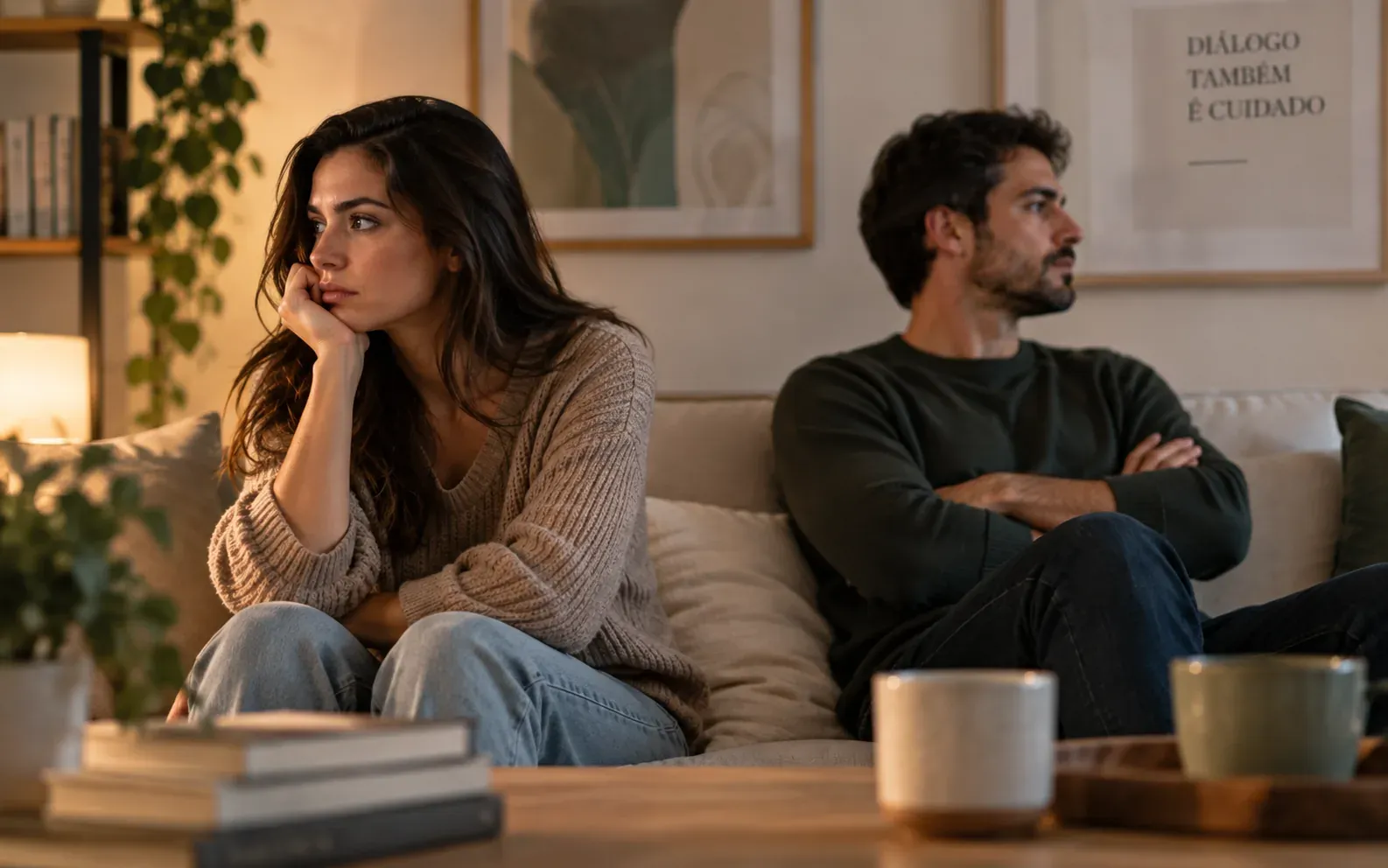 Casal sentado em casa durante uma conversa difícil, representando conflitos recorrentes no relacionamento.