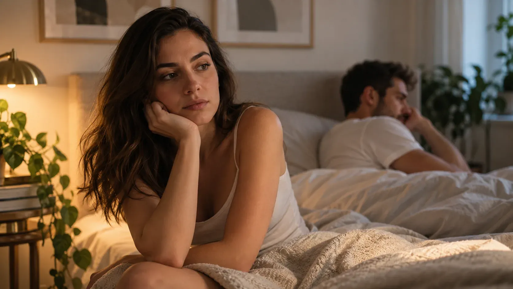 Casal em momento de distância emocional no quarto, sem conteúdo sexual explícito.
